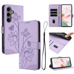 Custodia per telefono in pelle con motivo loto in rilievo e cordino., For Samsung Galaxy S25 FE 5G, For Samsung Galaxy S25 Edge 5G, For Samsung Galaxy S25 / S24 5G, For Samsung Galaxy S25+ / S24+ 5G