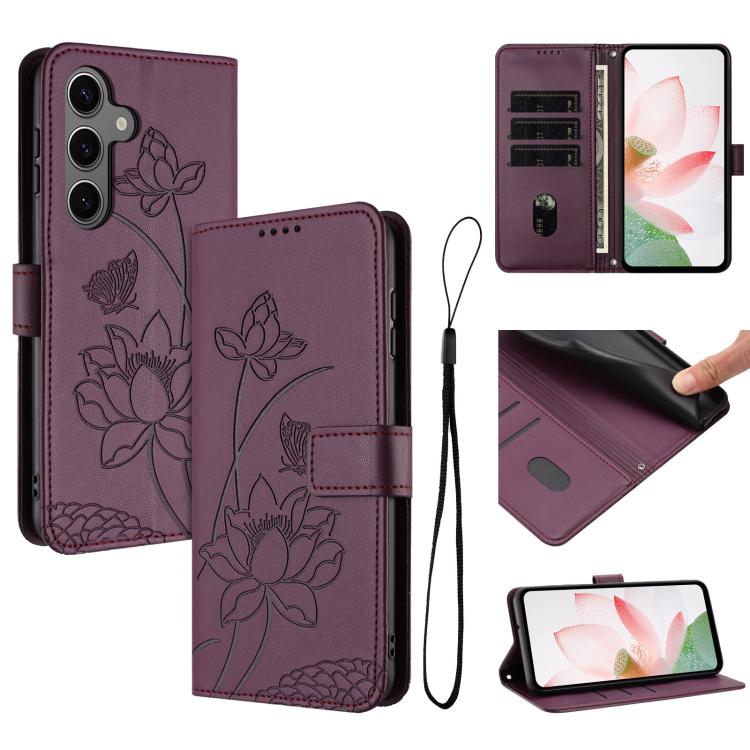 Custodia per telefono in pelle con motivo loto in rilievo e cordino., For Samsung Galaxy S25 FE 5G, For Samsung Galaxy S25 Edge 5G, For Samsung Galaxy S25 / S24 5G, For Samsung Galaxy S25+ / S24+ 5G