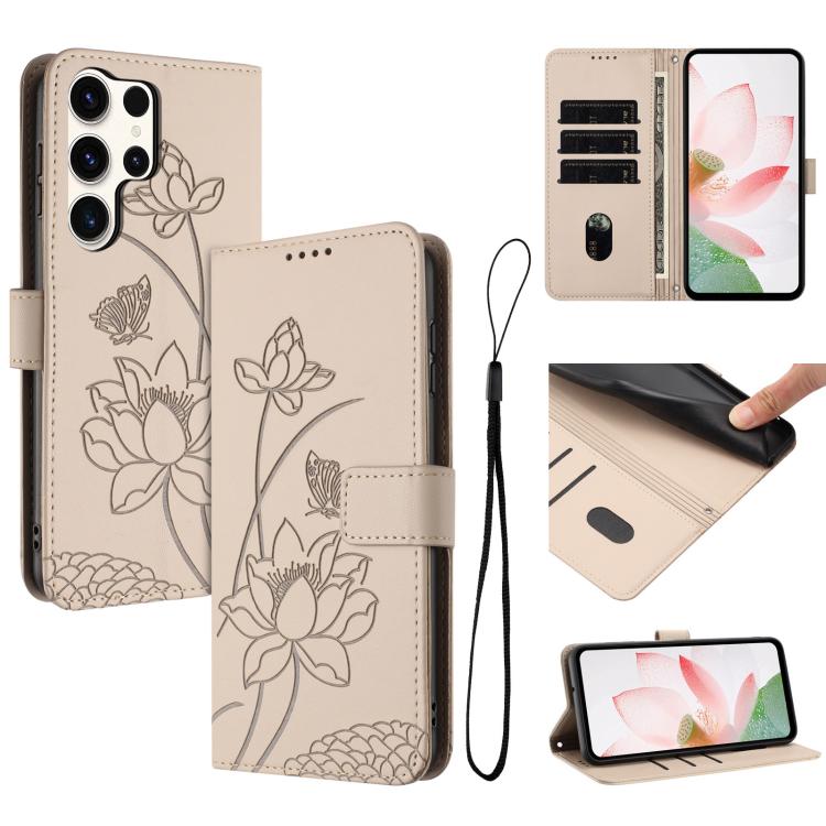 Custodia per telefono in pelle con motivo loto in rilievo e cordino., For Samsung Galaxy S25 Ultra 5G, For Samsung Galaxy S24 FE 5G, For Samsung Galaxy S24 Ultra 5G, For Samsung Galaxy S23 FE 5G