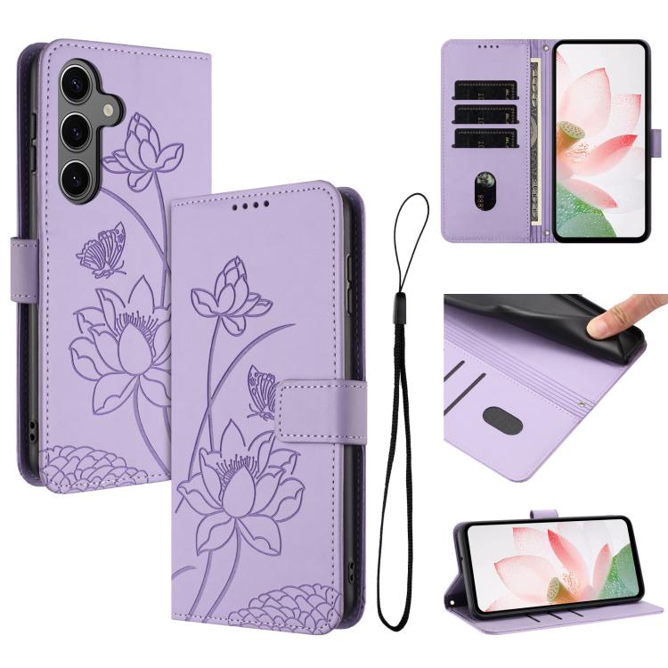 Custodia per telefono in pelle con motivo loto in rilievo e cordino., For Samsung Galaxy S25 FE 5G, For Samsung Galaxy S25 Edge 5G, For Samsung Galaxy S25 / S24 5G, For Samsung Galaxy S25+ / S24+ 5G