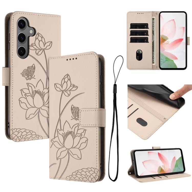 Custodia per telefono in pelle con motivo loto in rilievo e cordino., For Samsung Galaxy S25 FE 5G, For Samsung Galaxy S25 Edge 5G, For Samsung Galaxy S25 / S24 5G, For Samsung Galaxy S25+ / S24+ 5G