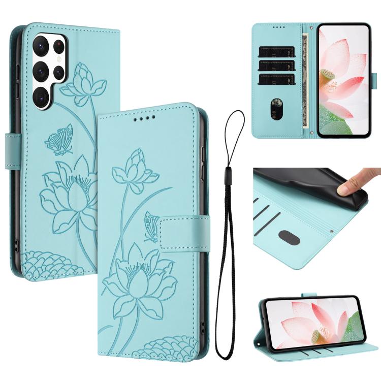 Custodia per telefono in pelle con motivo loto in rilievo e cordino., For Samsung Galaxy S22 Ultra 5G, For Samsung Galaxy S22+ 5G, For Samsung Galaxy S22 5G, For Samsung Galaxy S21 FE 5G