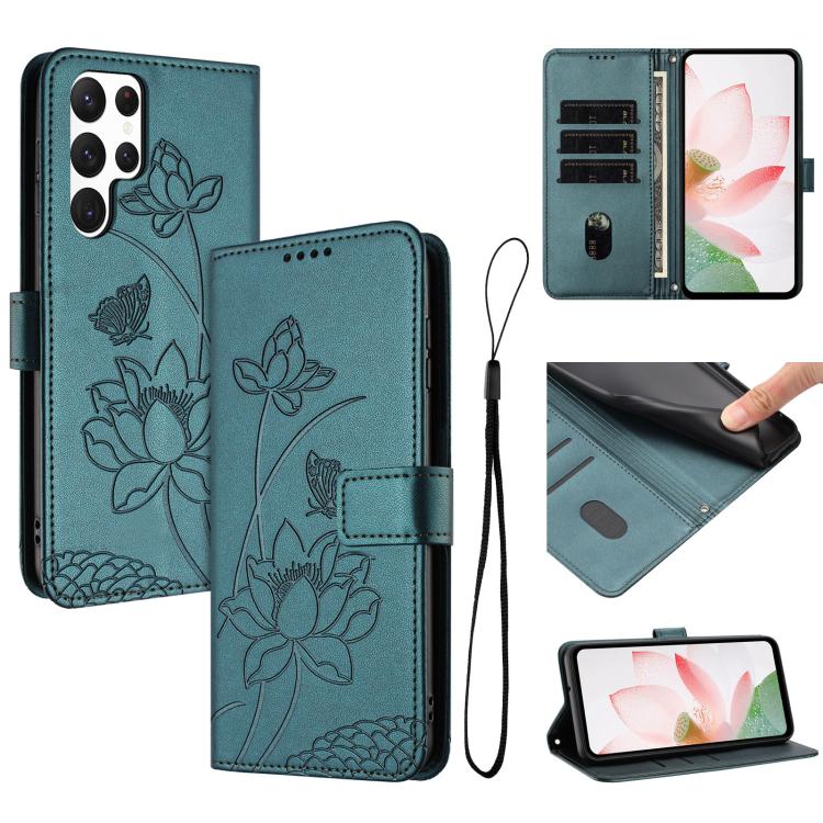 Custodia per telefono in pelle con motivo loto in rilievo e cordino., For Samsung Galaxy S22 Ultra 5G, For Samsung Galaxy S22+ 5G, For Samsung Galaxy S22 5G, For Samsung Galaxy S21 FE 5G