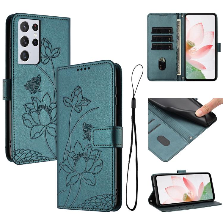 Custodia per telefono in pelle con motivo loto in rilievo e cordino., For Samsung Galaxy S21 5G, For Samsung Galaxy S21+ 5G, For Samsung Galaxy S21 Ultra 5G
