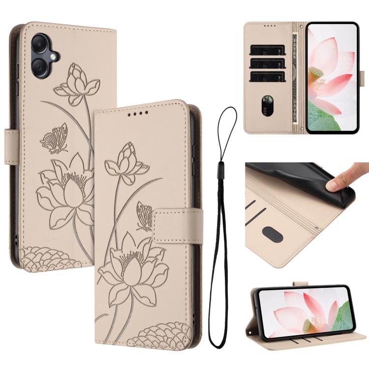 Custodia per telefono in pelle con motivo loto in rilievo e cordino., For Samsung Galaxy A05 / M05 / F05 4G, For Samsung Galaxy A05s  4G / F14 4G, For Samsung Galaxy M35 5G, For Samsung Galaxy M55 5G
