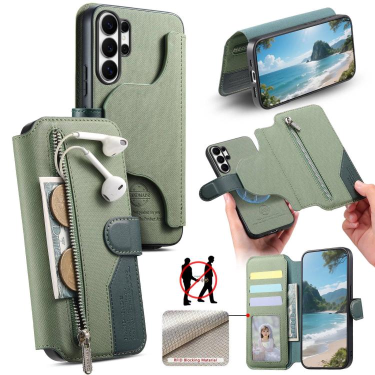 Portafoglio in pelle con cerniera, protezione antifurto MagSafe RFID in tessuto twill, custodia per telefono con cerniera., For Galaxy S26 FE 5G, For Galaxy S26+ 5G, For Galaxy S26 Ultra 5G, For Galaxy S25 FE 5G
