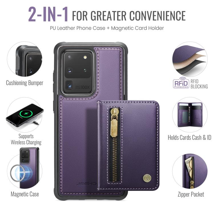 JEEHOOD J12 Esclusiva custodia per telefono con cerniera, protezione RFID e MagSafe, porta carte., For Samsung Galaxy S20 Ultra 5G, For Samsung Galaxy S20, For Samsung Galaxy S20+