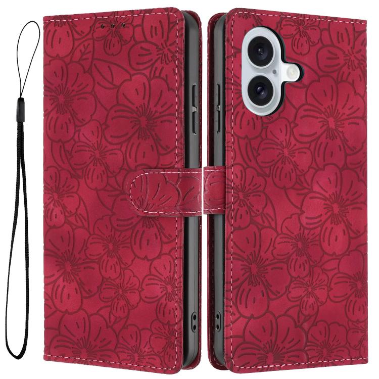Custodia per telefono in pelle con motivo a fiori di ciliegio in rilievo, For iPhone 16 Plus, For iPhone 16, For iPhone 15 Pro Max
