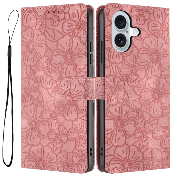 Custodia per telefono in pelle con motivo a fiori di ciliegio in rilievo, For iPhone 16 Plus, For iPhone 16, For iPhone 15 Pro Max