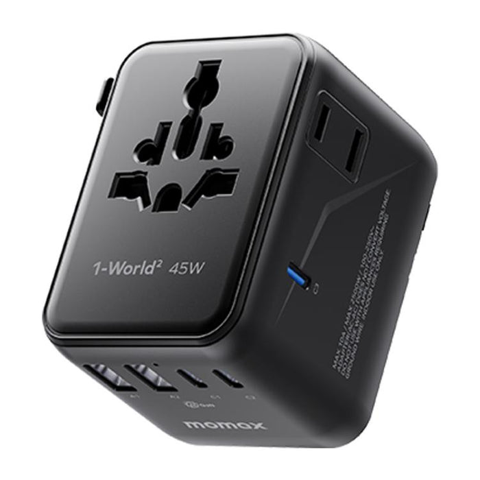 Caricabatterie da viaggio universale GaN MOMAX UA31D 1-World 2 da 45 W con doppia presa CA e 5 porte, con cavo da 60 W., UA31D