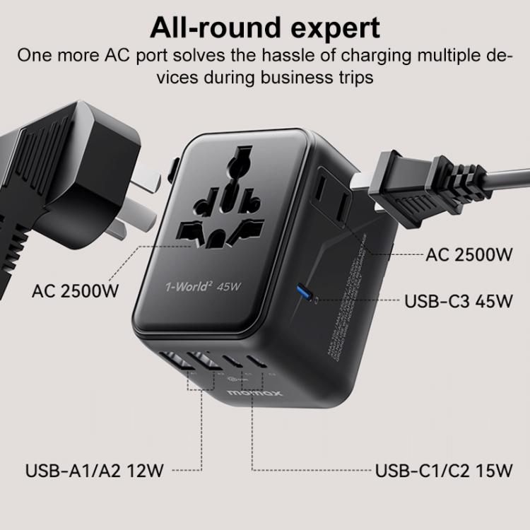 Caricabatterie da viaggio universale MOMAX 45W GaN con 5 porte