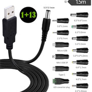 1.5m USB to DC5.5x2.1mm Male Power Cord with 13pcs Converter, 1+13