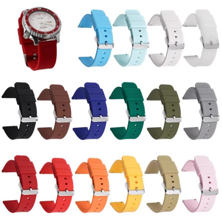 Cinturino per orologio impermeabile in silicone tinta unita con fibbia ad ardiglione in acciaio inossidabile color argento., 18mm