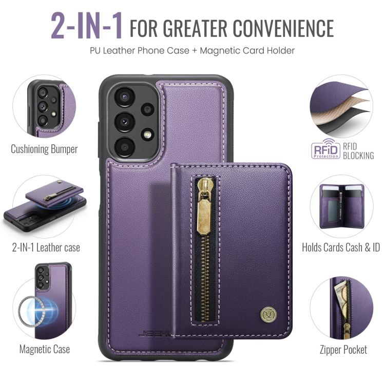 JEEHOOD J12 Esclusiva custodia per telefono con cerniera, protezione RFID e MagSafe, porta carte., For Samsung Galaxy A23 4G / 5G, For Samsung Galaxy A34 5G, For Samsung Galaxy A54 5G, For Samsung Galaxy A13 4G / 5G / A04s