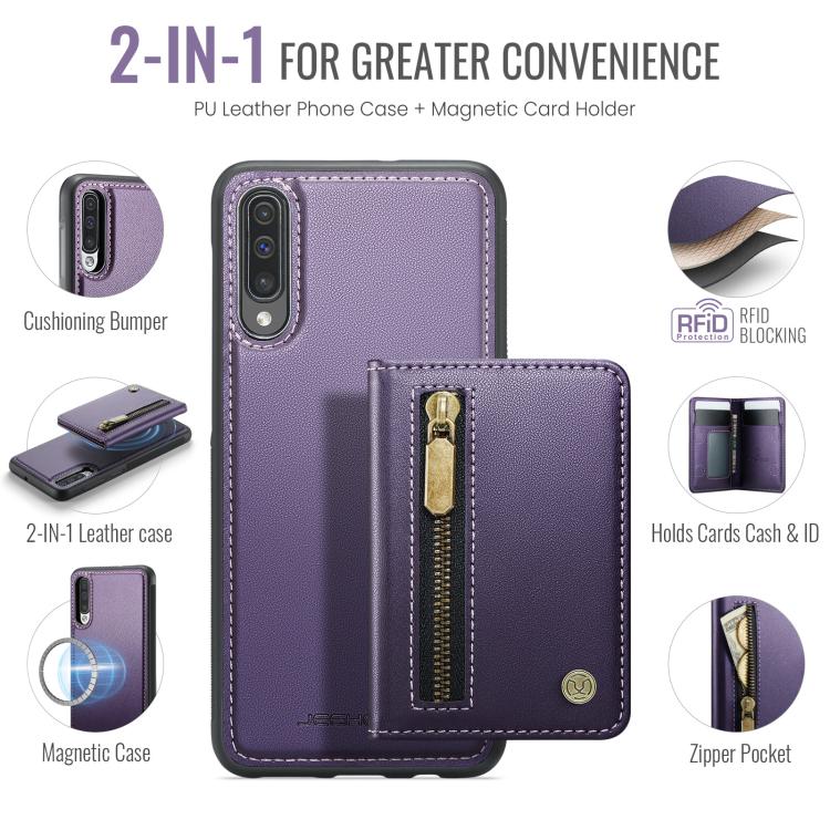 JEEHOOD J12 Esclusiva custodia per telefono con cerniera, protezione RFID e MagSafe, porta carte., For Samsung Galaxy A50