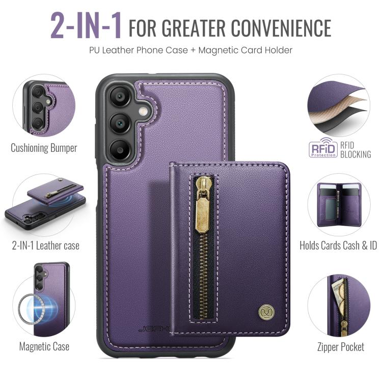 JEEHOOD J12 Esclusiva custodia per telefono con cerniera, protezione RFID e MagSafe, porta carte., For Samsung Galaxy A16 5G / 4G, For Samsung Galaxy A15 4G / 5G, For Samsung Galaxy A55 5G, For Samsung Galaxy A35 5G