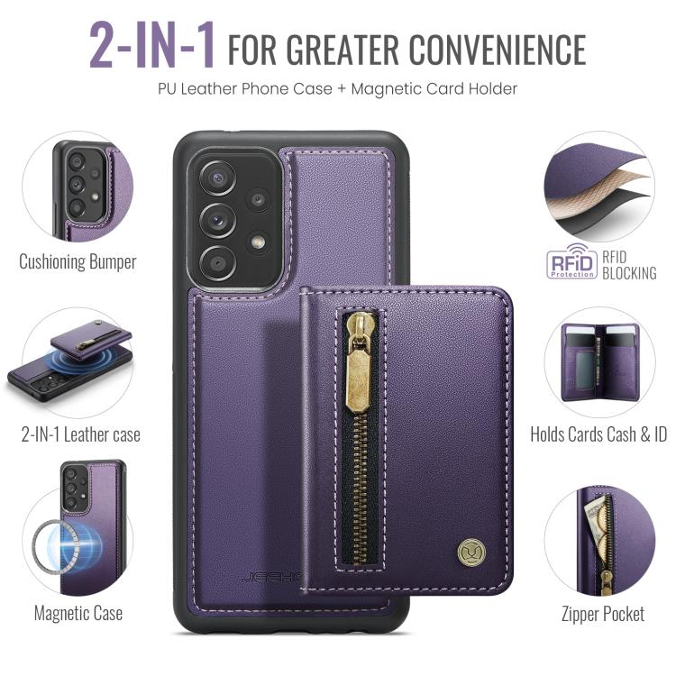 JEEHOOD J12 Esclusiva custodia per telefono con cerniera, protezione RFID e MagSafe, porta carte., For Samsung Galaxy A53 5G, For Samsung Galaxy A33 5G, For Samsung Galaxy A52 4G / 5G / A52s 5G, For Samsung Galaxy A51 4G