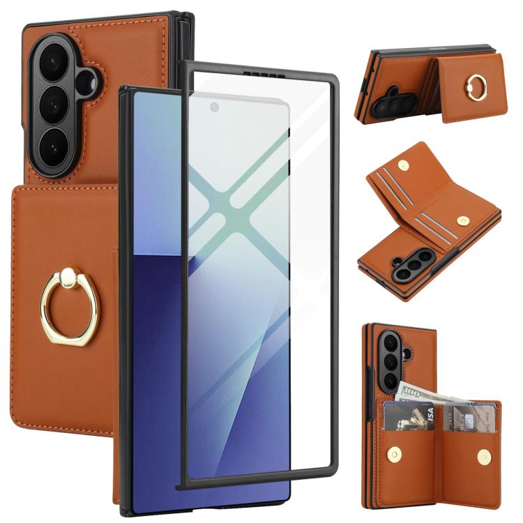 Custodia per telefono in pelle con anello e scomparto a libro integrato per carte di credito., For Galaxy Z Fold8 Ultra 5G, For Samsung Galaxy Z Fold7 5G, For Samsung Galaxy Z Fold6 5G