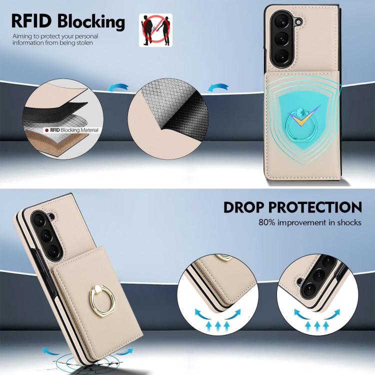 Custodia per telefono in pelle con anello e scomparto a libro integrato per carte di credito., For Samsung Galaxy Z Fold5 5G, For Samsung Galaxy Z Fold4 5G, For Samsung Galaxy Z Fold3 5G