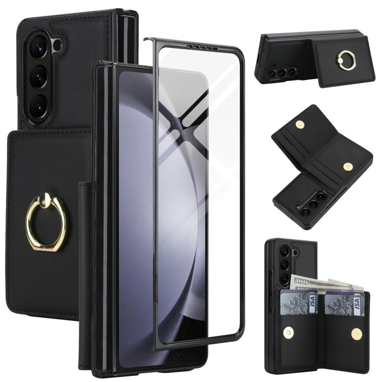 Custodia per telefono in pelle con anello e scomparto a libro integrato per carte di credito., For Samsung Galaxy Z Fold5 5G, For Samsung Galaxy Z Fold4 5G, For Samsung Galaxy Z Fold3 5G