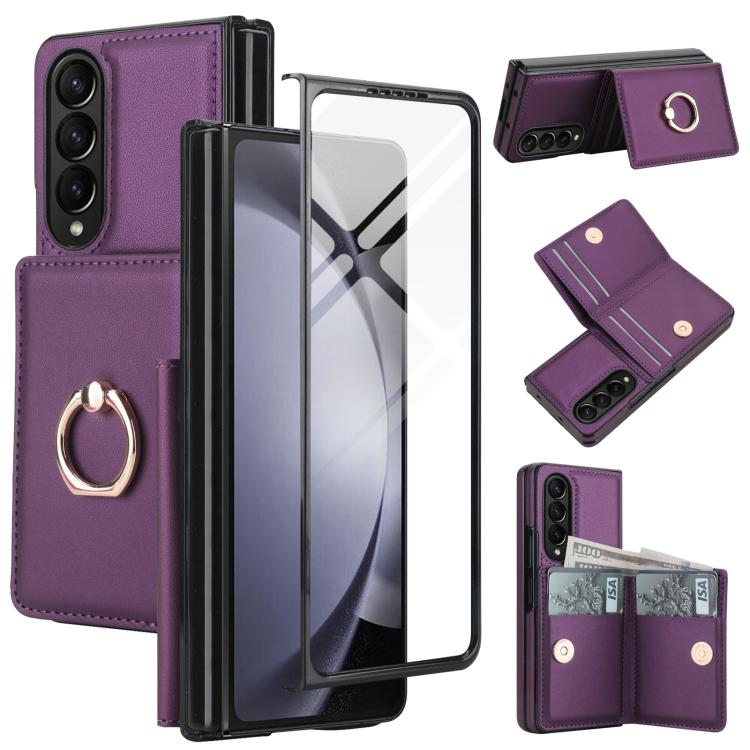 Custodia per telefono in pelle con anello e scomparto a libro integrato per carte di credito., For Samsung Galaxy Z Fold5 5G, For Samsung Galaxy Z Fold4 5G, For Samsung Galaxy Z Fold3 5G
