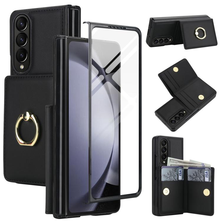 Custodia per telefono in pelle con anello e scomparto a libro integrato per carte di credito., For Samsung Galaxy Z Fold5 5G, For Samsung Galaxy Z Fold4 5G, For Samsung Galaxy Z Fold3 5G