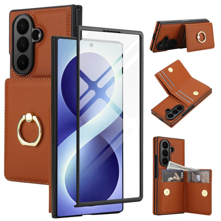 Custodia per telefono in pelle con anello e scomparto a libro integrato per carte di credito., For Galaxy Z Fold8 Ultra 5G, For Samsung Galaxy Z Fold7 5G, For Samsung Galaxy Z Fold6 5G