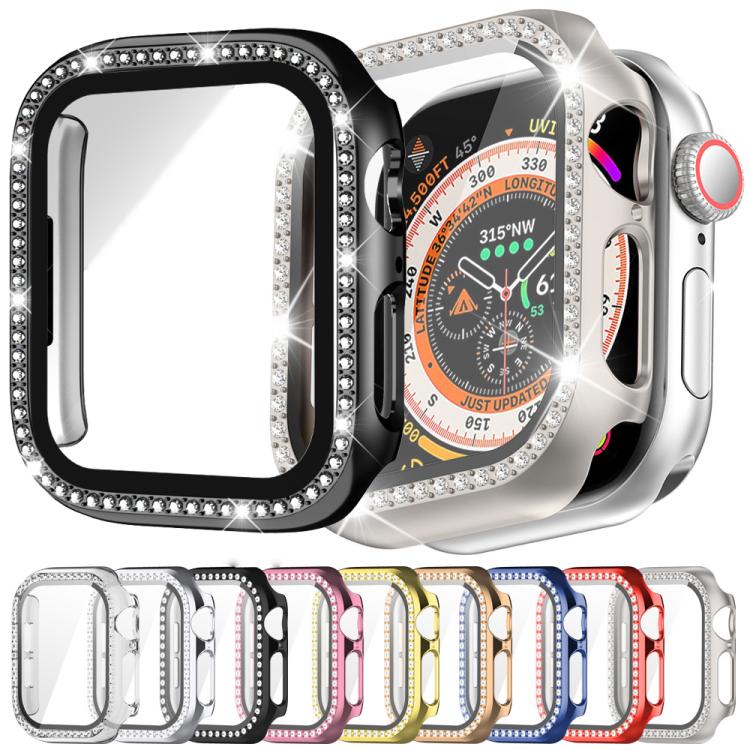 Cassa per orologio in policarbonato con pellicola in vetro temperato a fila singola di diamanti xDfind integrata., For Apple Watch Series 9 / 8 / 7 41mm, For Apple Watch Series 3 / 2 / 1 38mm