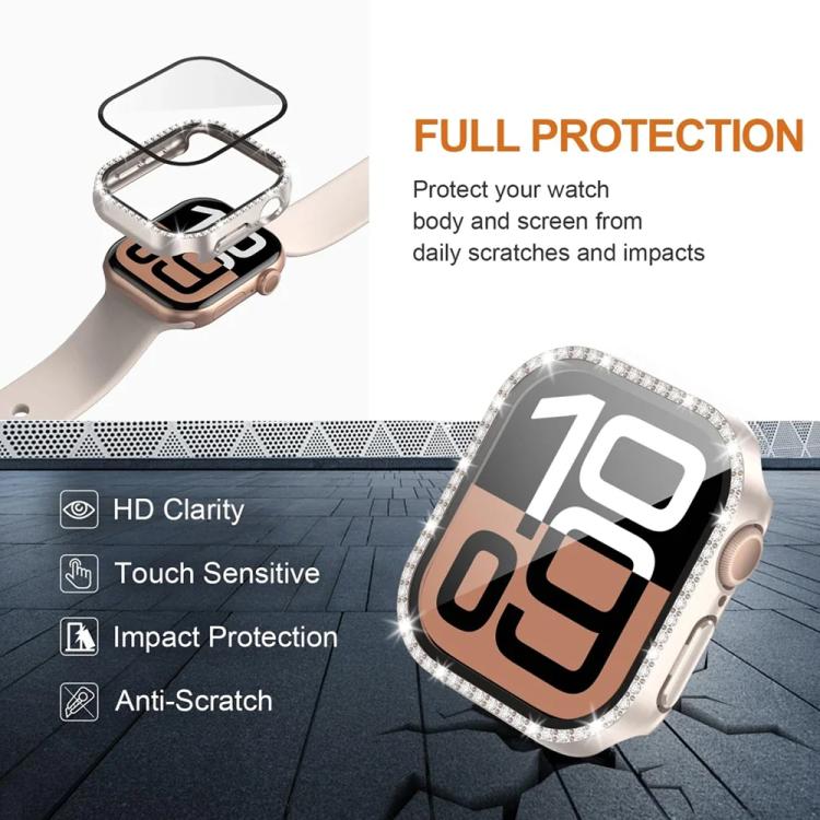 Cassa per orologio in policarbonato con pellicola in vetro temperato a fila singola di diamanti xDfind integrata., For Apple Watch Series 9 / 8 / 7 41mm, For Apple Watch Series 3 / 2 / 1 38mm