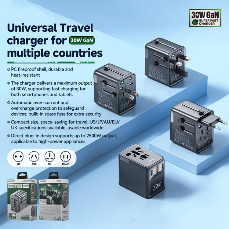 Caricabatterie da viaggio universale a tre porte GaN WK WP-U71 da 30 W.