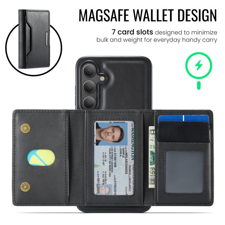 MAKGING Serie K4 MagSafe RFID Portafoglio a tre ante con custodia per telefono rimovibile, For Samsung Galaxy S24 FE 5G