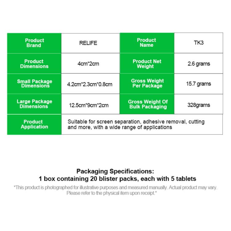 RELIFE TK3 Set da 100 lame per la riparazione di schermi e la rimozione di adesivi per telefoni cellulari., RELIFE TK3