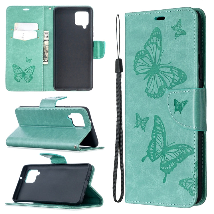 Custodia in pelle PU a vibrazione orizzontale con motivo a due farfalle in rilievo con supporto e slot per schede e portafoglio e cordino, For Samsung Galaxy A42 5G