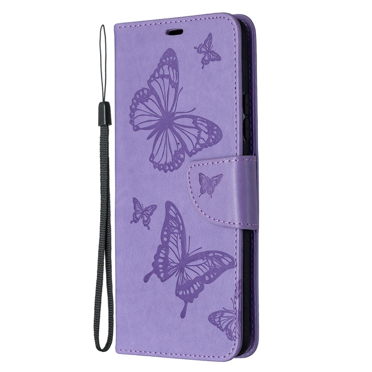 Custodia in pelle PU a vibrazione orizzontale con motivo a due farfalle in rilievo con supporto e slot per schede e portafoglio e cordino, For Samsung Galaxy A42 5G