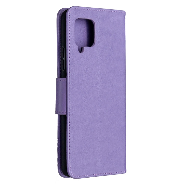 Custodia in pelle PU a vibrazione orizzontale con motivo a due farfalle in rilievo con supporto e slot per schede e portafoglio e cordino, For Samsung Galaxy A42 5G