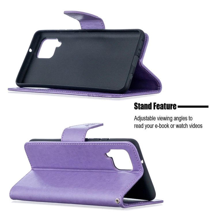 Custodia in pelle PU a vibrazione orizzontale con motivo a due farfalle in rilievo con supporto e slot per schede e portafoglio e cordino, For Samsung Galaxy A42 5G