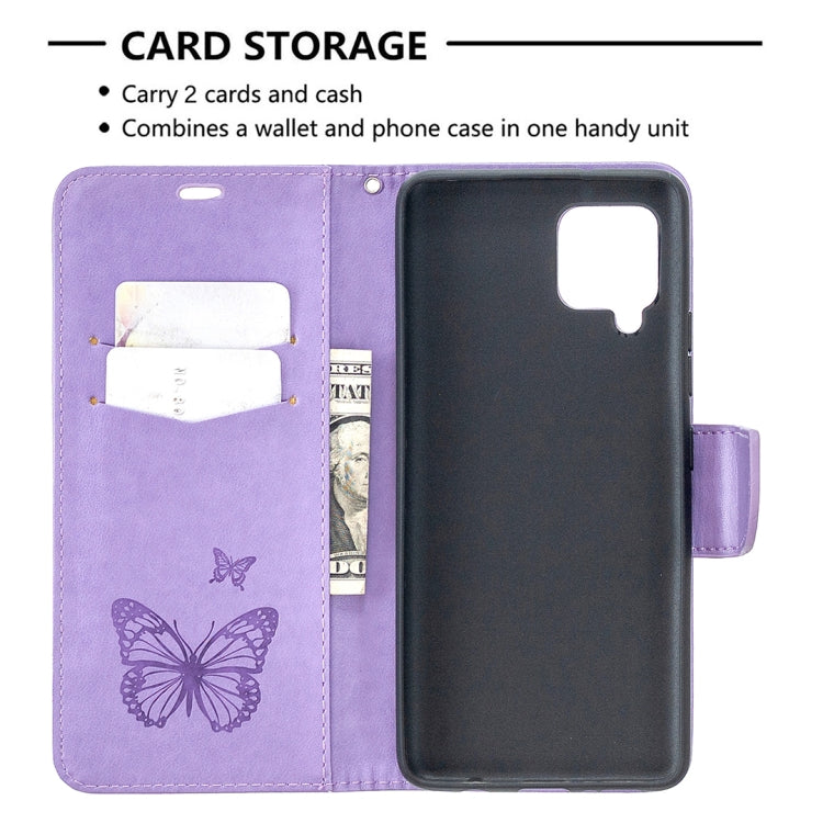 Custodia in pelle PU a vibrazione orizzontale con motivo a due farfalle in rilievo con supporto e slot per schede e portafoglio e cordino, For Samsung Galaxy A42 5G