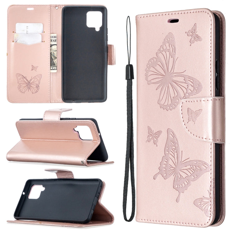 Custodia in pelle PU a vibrazione orizzontale con motivo a due farfalle in rilievo con supporto e slot per schede e portafoglio e cordino, For Samsung Galaxy A42 5G