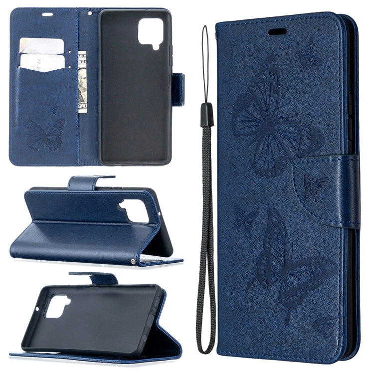 Custodia in pelle PU a vibrazione orizzontale con motivo a due farfalle in rilievo con supporto e slot per schede e portafoglio e cordino, For Samsung Galaxy A42 5G