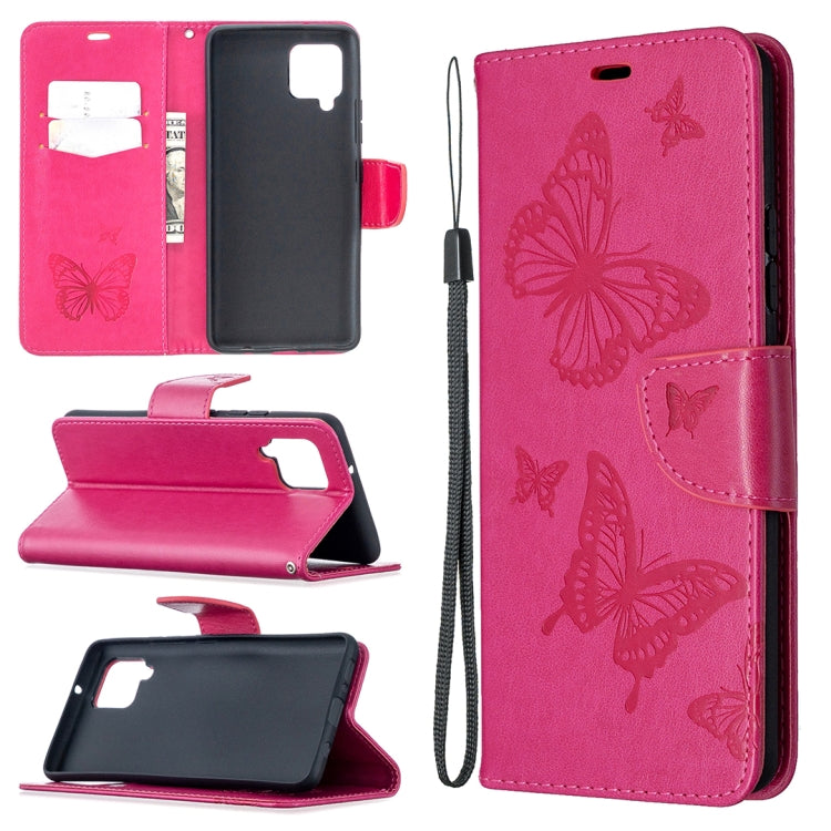 Custodia in pelle PU a vibrazione orizzontale con motivo a due farfalle in rilievo con supporto e slot per schede e portafoglio e cordino, For Samsung Galaxy A42 5G