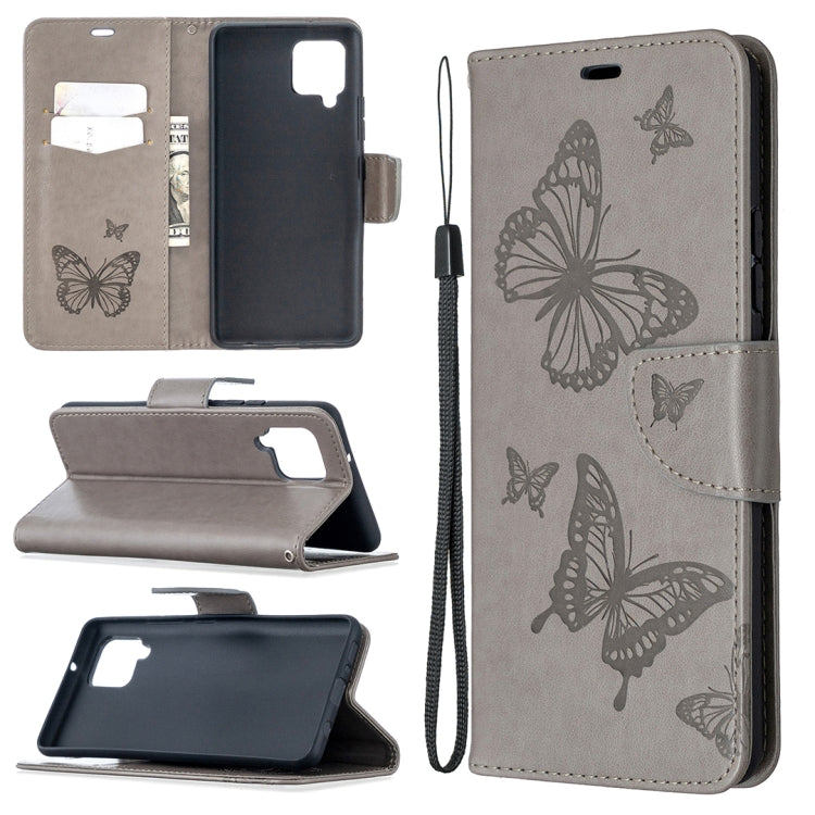 Custodia in pelle PU a vibrazione orizzontale con motivo a due farfalle in rilievo con supporto e slot per schede e portafoglio e cordino, For Samsung Galaxy A42 5G