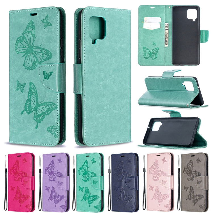 Custodia in pelle PU a vibrazione orizzontale con motivo a due farfalle in rilievo con supporto e slot per schede e portafoglio e cordino, For Samsung Galaxy A42 5G