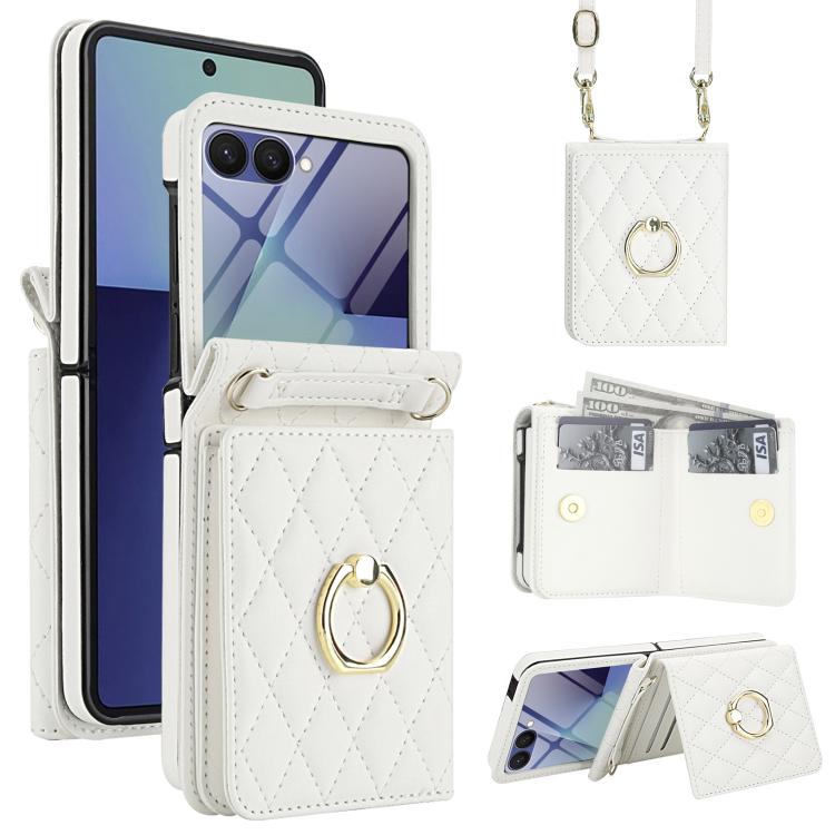 Custodia per telefono con anello a trama romboidale integrato e tecnologia RFID, con cordino lungo., For Galaxy Z Flip8 5G, For Samsung Galaxy Z Flip7 5G, For Samsung Galaxy Z Flip6 5G