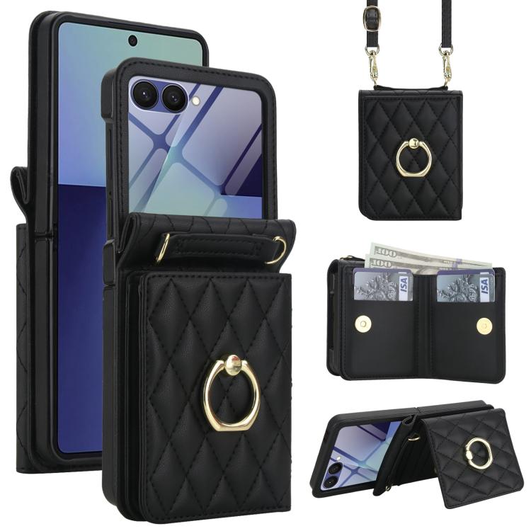 Custodia per telefono con anello a trama romboidale integrato e tecnologia RFID, con cordino lungo., For Galaxy Z Flip8 5G, For Samsung Galaxy Z Flip7 5G, For Samsung Galaxy Z Flip6 5G