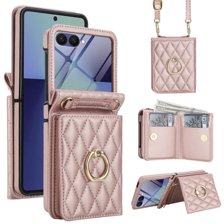 Custodia per telefono con anello a trama romboidale integrato e tecnologia RFID, con cordino lungo., For Galaxy Z Flip8 5G, For Samsung Galaxy Z Flip7 5G, For Samsung Galaxy Z Flip6 5G