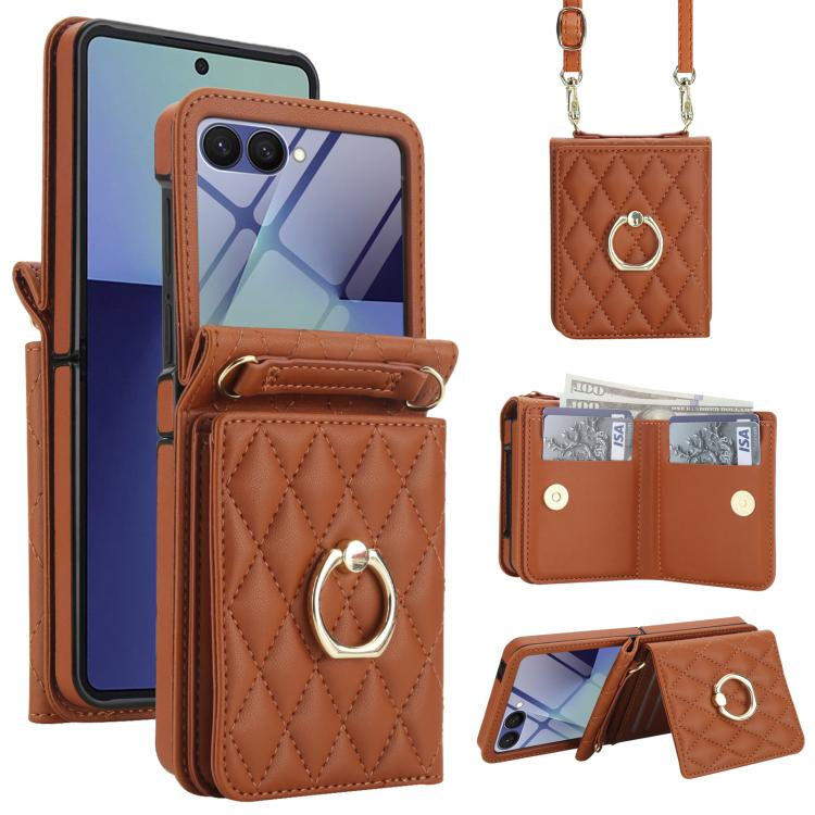 Custodia per telefono con anello a trama romboidale integrato e tecnologia RFID, con cordino lungo., For Galaxy Z Flip8 5G, For Samsung Galaxy Z Flip7 5G, For Samsung Galaxy Z Flip6 5G
