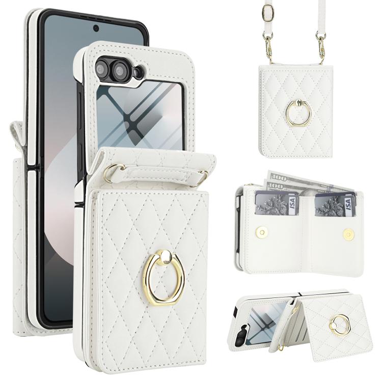 Custodia per telefono con anello a trama romboidale integrato e tecnologia RFID, con cordino lungo., For Galaxy Z Flip8 5G, For Samsung Galaxy Z Flip7 5G, For Samsung Galaxy Z Flip6 5G