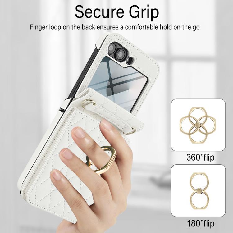 Custodia per telefono con anello a trama romboidale integrato e tecnologia RFID, con cordino lungo., For Samsung Galaxy Z Flip5 5G, For Samsung Galaxy Z Flip4 5G, For Samsung Galaxy Z Flip3 5G