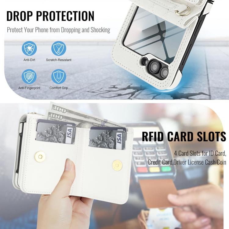 Custodia per telefono con anello a trama romboidale integrato e tecnologia RFID, con cordino lungo., For Samsung Galaxy Z Flip5 5G, For Samsung Galaxy Z Flip4 5G, For Samsung Galaxy Z Flip3 5G