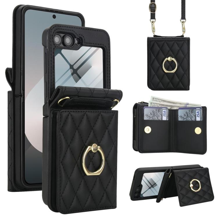 Custodia per telefono con anello a trama romboidale integrato e tecnologia RFID, con cordino lungo., For Samsung Galaxy Z Flip5 5G, For Samsung Galaxy Z Flip4 5G, For Samsung Galaxy Z Flip3 5G